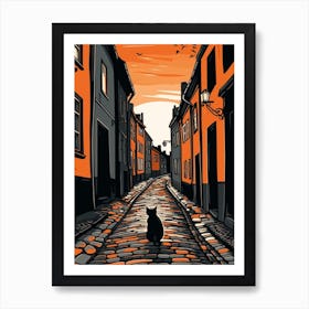 Painting Of Copenhagen Denmark With A Cat In The Style Of Line Art 2 Art Print