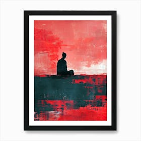 Person Sitting On A Rock, Red Minimalism Art Print