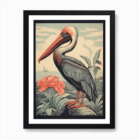 Vintage Bird Linocut Pelican 2 Art Print