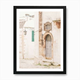 Puglia, Italy I Deserted street with Italian Baroque architecture and vintage retro door photography in damaged condition with summer pastel aesthetic of la dolce vita in a countryside village in south Art Print