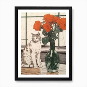 Drawing Of A Still Life Of Gladoli With A Cat 3 Art Print