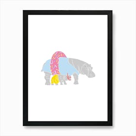 Hippos With Pool Donut Ringo And Snorkel, Fun Safari Animal Print, Portrait Art Print