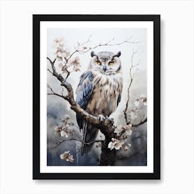 Owl, Japanese Brush Painting, Ukiyo E, Minimal 2 Art Print