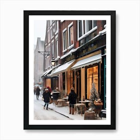 Amsterdam cafes, winter season, Christmas, autumn oil colors, pale colors, pedestrians in the street, winter clothes, falling snow.3 1 Art Print