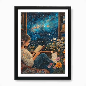 Girl Reading Book with Her Cat 8 Art Print