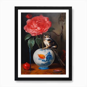 Peony With A Cat 2 Dali Surrealism Style Art Print