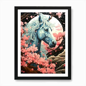 Blue Horse In Cherry Blossoms Art Print