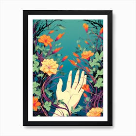 Hand Reaching For Flowers, flower art, flower and hand, flower digital art Art Print