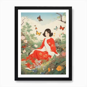 Japanese Style Painting Of Butterflies & Woman In The Meadow Art Print