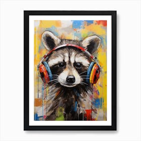 A Raccoon Wearing Headphones In The Style Of Jasper Johns 4 Art Print