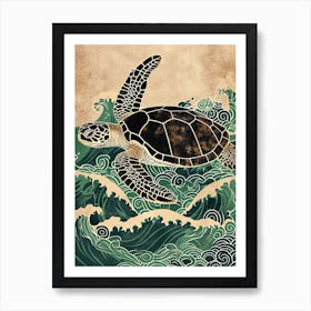 Sea Turtle & The Waves Vintage Illustration 4 Art Print