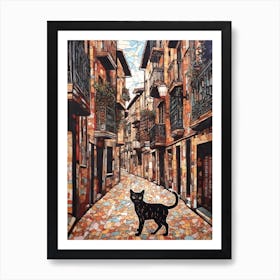 Painting Of Barcelona With A Cat In The Style Of William Morris 1 Art Print