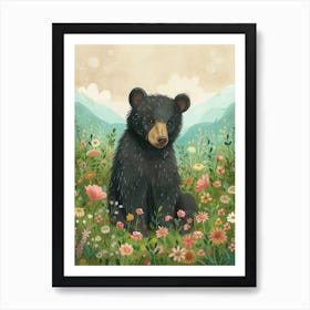 American Black Bear Cub In A Field Of Flowers Storybook Illustration 3 Art Print