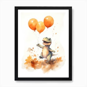 Dinosaur T Rex Flying With Autumn Fall Pumpkins And Balloons Watercolour Nursery 3 Art Print