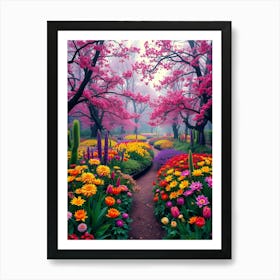 Pink Flowers In The Garden Art Print