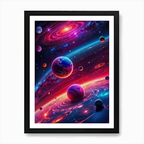 Colorful odyssey through a fantasy cosmos — neon planets and cosmic hues meld in a vibrant galaxy, a breathtaking neon universe beyond the bounds of earth. Art Print