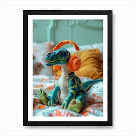 Toy Dinosaur Listening To Music With Headphones In Bed Art Print