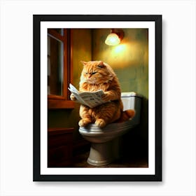 Obese Cat Reading News on Toilet Art Print