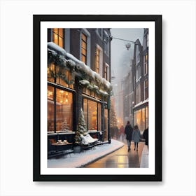 Amsterdam cafes, winter season, Christmas, autumn oil colors, pale colors, pedestrians in the street, winter clothes, falling snow.2 2 Art Print