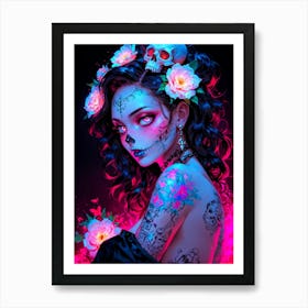 Mexican girl with skull flowers, tattoos, and neon flair. Sexy flower girl in day of the dead style. A beautiful anime girl, blending cute and spooky Halloween vibes. Art Print