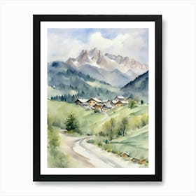 Watercolor Of A Mountain Village Art Print