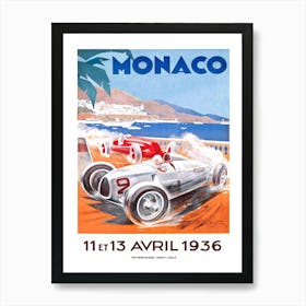 Vintage poster 1936 Monaco Grand Prix which is a Formula One motor race held each year on the Circuit de Monaco. Run since 1929 Art Print