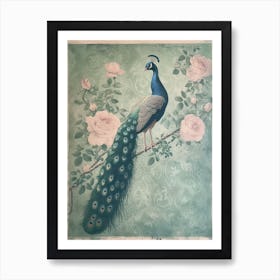 Turquoise Peacock With Roses Cyanotype Inspired  2 Art Print