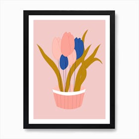 Pink And Blue Tulips In A Pot Art Print