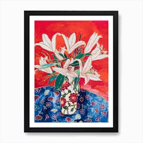 Easter Lily Bouquet Still Life On Bright Orange Art Print