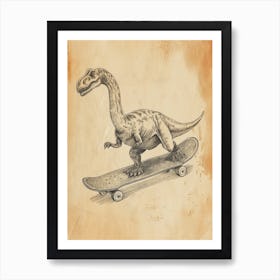 Vintage Brachiosaurus Dinosaur On A Skateboard 3 Art Print