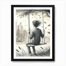 Moody Man on Swing Sketch 8 Art Print