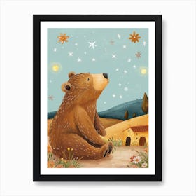 Brown Bear Looking At A Starry Sky Storybook Illustration 1 Art Print