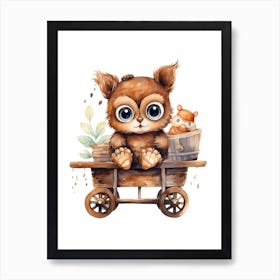 Baby Owl On A Toy Car, Watercolour Nursery 1 Art Print