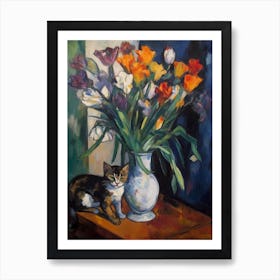 Flower Vase Iris With A Cat 2 Impressionism, Cezanne Style Art Print
