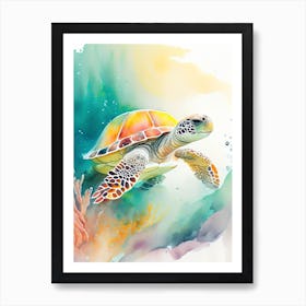 A Single Sea Turtle In Coral Reef, Sea Turtle Storybook Watercolours 1 Art Print