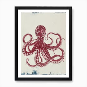 Hand Printed Style Red & Navy Octopus 4 Art Print