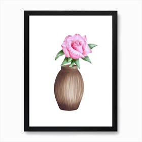 Pink Rose In A Clay Vase Art Print