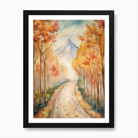 Autumn Road Watercolor Painting Art Print