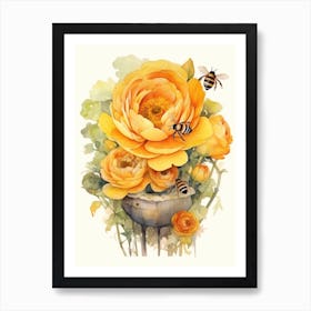 Beehive With Ranunculus Watercolour Illustration 2 Art Print