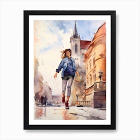 Girl Skateboarding In Prague, Czech Republic Watercolour 1 Art Print