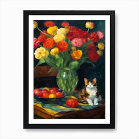 Flower Vase Ranunculus With A Cat 4 Impressionism, Cezanne Style Art Print
