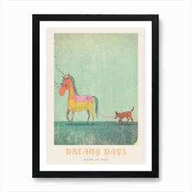Pastel Storybook Style Unicorn Walking A Dog 3 Poster Art Print