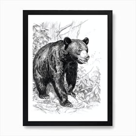 Malayan Sun Bear Standing In A Forests Ink Illustration 1 Art Print