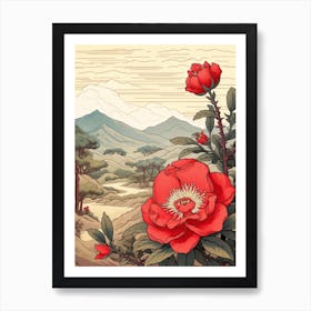 Higanatsu Red Camellia 2 Japanese Botanical Illustration Art Print