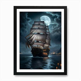 Pirate Ship At Night Art Print