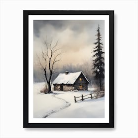 Rustic Winter Oil Painting Vintage Cottage (9) Art Print