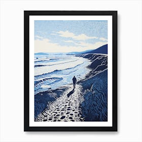 Linocut Of Chesil Beach Dorset 1 Art Print