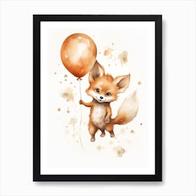 Baby Fox Flying With Ballons, Watercolour Nursery Art 2 Art Print