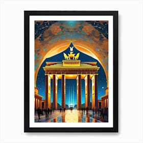 Brandenburg Gate At Night - Berlin Germany Futuristic Abstract Fantasy Psychedelic Trippy Mandala Artwork Yoga Fractals Cool Wall Decor Meditation Room Gift For Him European Cityscapes Art Print