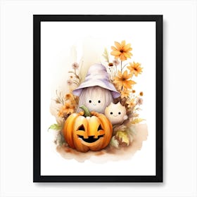 Cute Ghost With Pumpkins Halloween Watercolour 7 Art Print